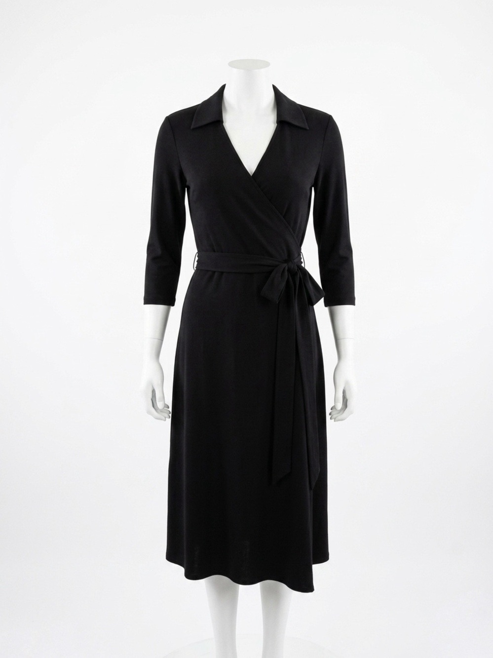Classic Black Midi Wrap Dress with Tie Waist Office Capsule Little Black Dress